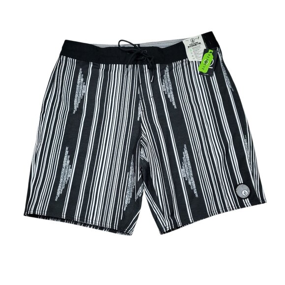 Volcom Alloyed Stoney Men's Boardshorts Size 33 White Black Striped Swim Trunks - Picture 1 of 8